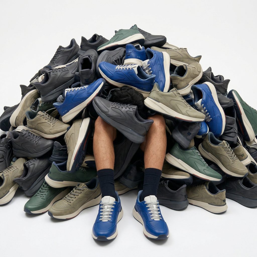 Person buried in a pile of sneakers from the Next-Gen Dress Hybrid concept collection